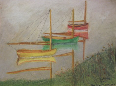 Three Catboats in cove, in mist. ©Pamela Spiro Wagner All rights reservedThis one was inspired from a photo but is not a copy, done in colored pencils and oil pastels.