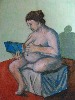 Zaftig Reader, engross in her poetry book