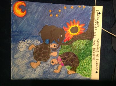 Bearing the Elephants is a spontaneous inkblot drawing...The black spots were inkssplotches that stimulated the drawing.