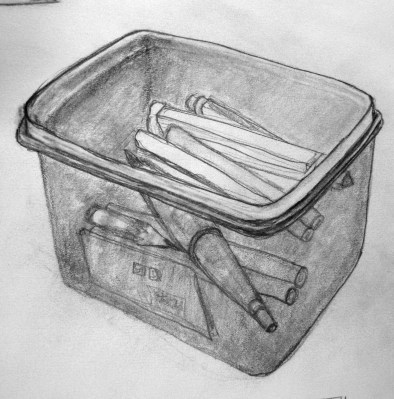 Study in pencil of plastic container of doodads