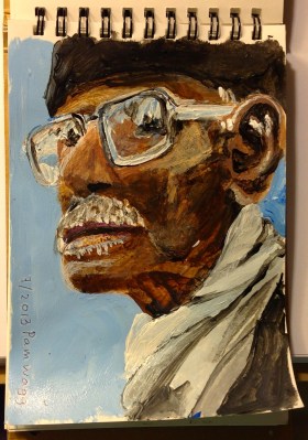 Small acrylic portrait of an African-american man in glasses and a winter scarf, 3" by 5"