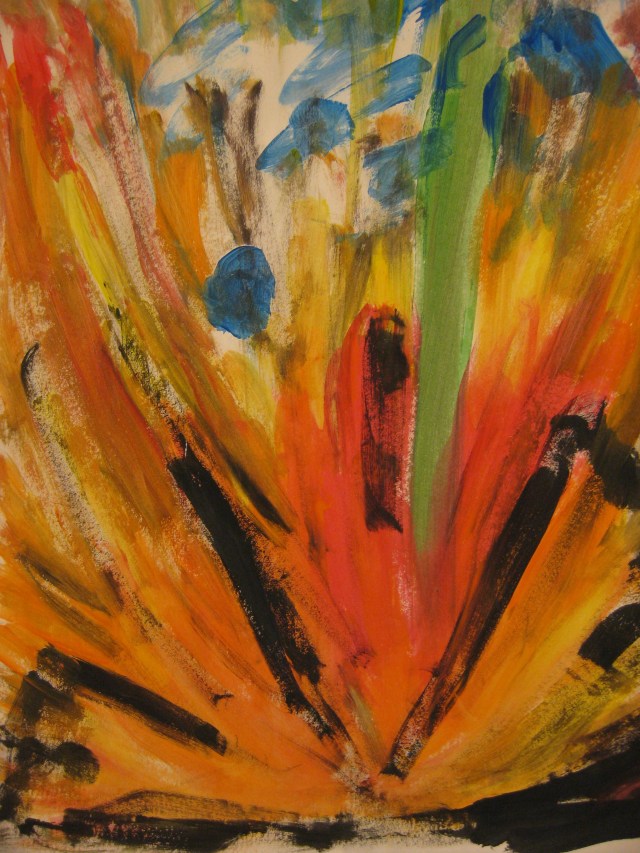 What the voices tell me to do, set myself on fire...In art therapy I was supposed to just play with the paint, do a blob and a line to get started. I got carried away with the child's paints and this is what resulted...