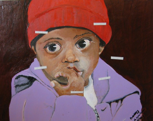 Acrylic portrait of African American Child in red watch cap and lavender sweatshirt...