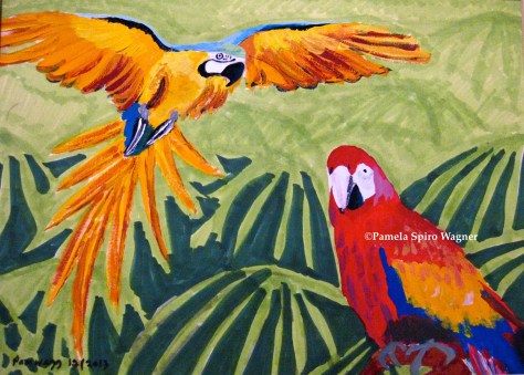Parrots in Gouache for Elizabeth (for Christmas)