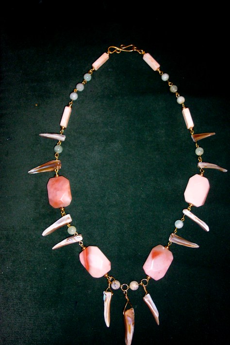 Brass necklace with Jade and shell teeth