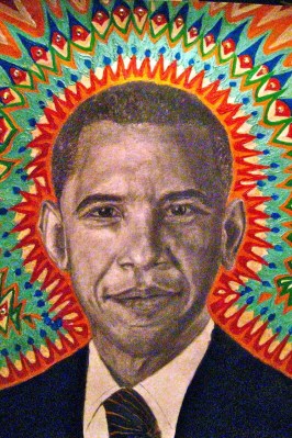 "Obama Bright" a portrait  of Barack Obama in acrylics and graphite with Swarovski crystals that apparently didn't please our leader...Or he doesn't have the common courtesy to thank me for it.