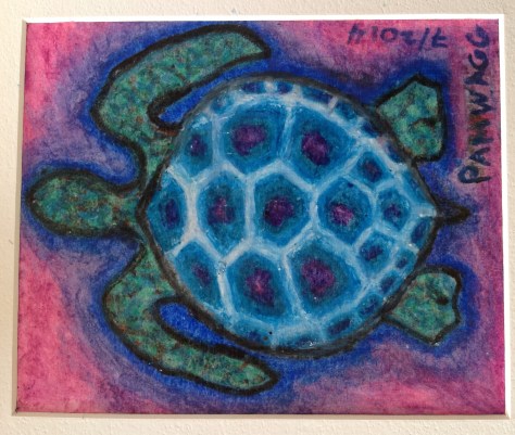 Sea Turtle in Turquoise and Blues...Water soluble oil pastel  c. 7 inches by 6 inches