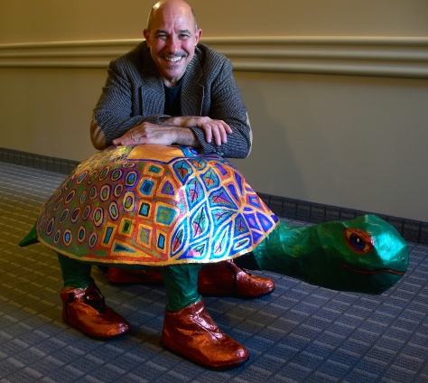 Tim with Papier Mache Turtle I made for him