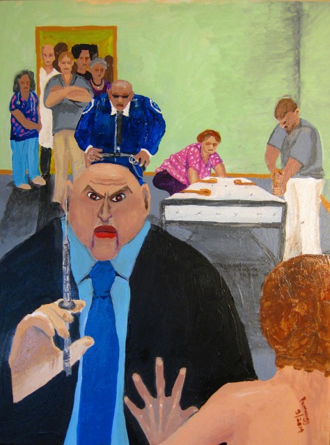 Doctor Threatens Restraints and Shot of Haldol - Painting in acrylics c. 18 by 27 inches