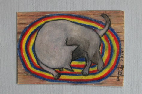 2.5 inches by 3.5 inches Cat on Braided Rug,  drawing in colored pencil