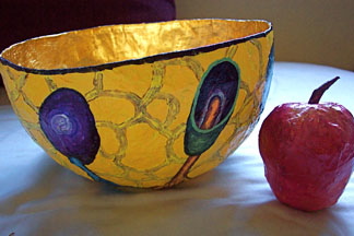 Papier Mache Bowl, painted with  slimemold motif and papier mache apple