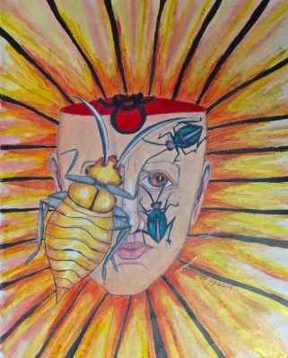 BioHazard Head and Face with Bugs...first drawing done at Care Bed in St Johnsbury Vt in Nov 2014 by Pamela Spiro Wagner