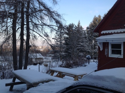 Farmhouse and sunrise on snow in Vermont 2014