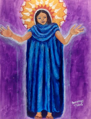 Central American Welcoming Madonna, in gouache and acrylics c. 12" by 8"