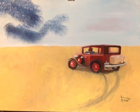 A Murmuration of Starlings with '32 Chevy (free hand copy in oil paint of oil pastel drawing I did at Retreat and gave away)