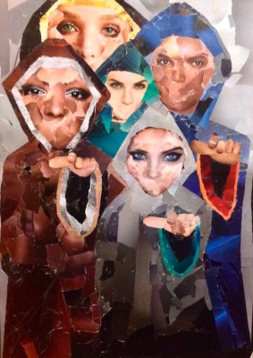Collage of the voices- the Five People C. 3' by 2'  made with magazines on watercolor paper backing and largely glued with homemade glue of crushed saltines and water ( before i knew that vermonts central hospital would provide me with all the gluestix i needed!)