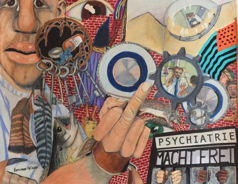 Psychiatrie Macht Frei? Mixed media anti-psychiatry picture, 24"by 19" 